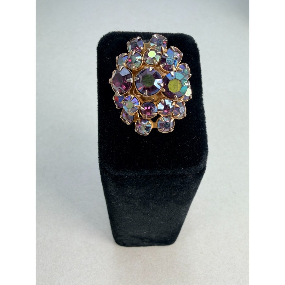 Vintage Purple Aurora Borealis Rhinestone Cluster Cocktail Statement Ring Size 8